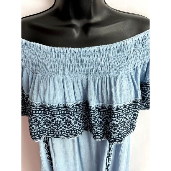 Muche Muchette Off Shoulder Embroidered Blue Dress One Size Ethnic Boho Smocked - Picture 2 of 11